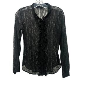 Anne Taylor Black Lace Blouse XS Ruffle Edwardian‎ Sheer Fairy Grunge Whimsygoth